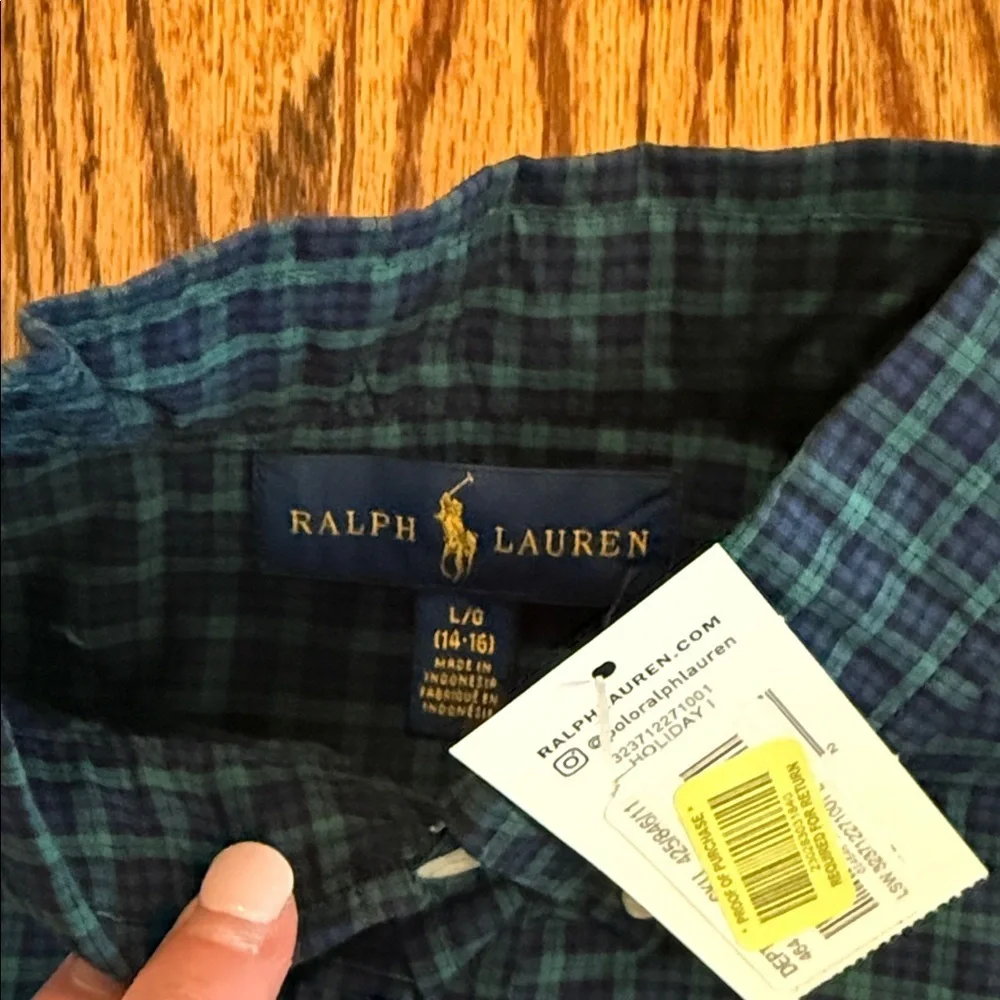 Polo Ralph Lauren boys navy and green plaid oxford shirt size large (14-16) NWT